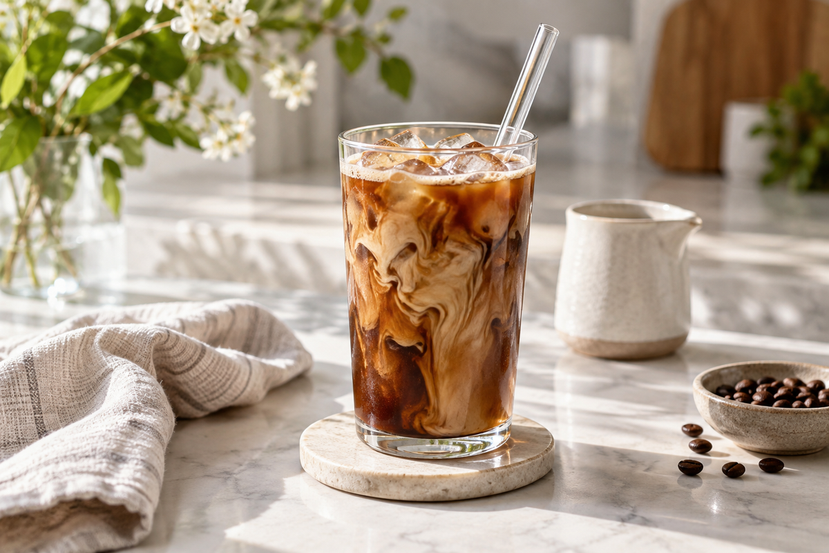 Creamy iced cold brew coffee on a bright marble counter