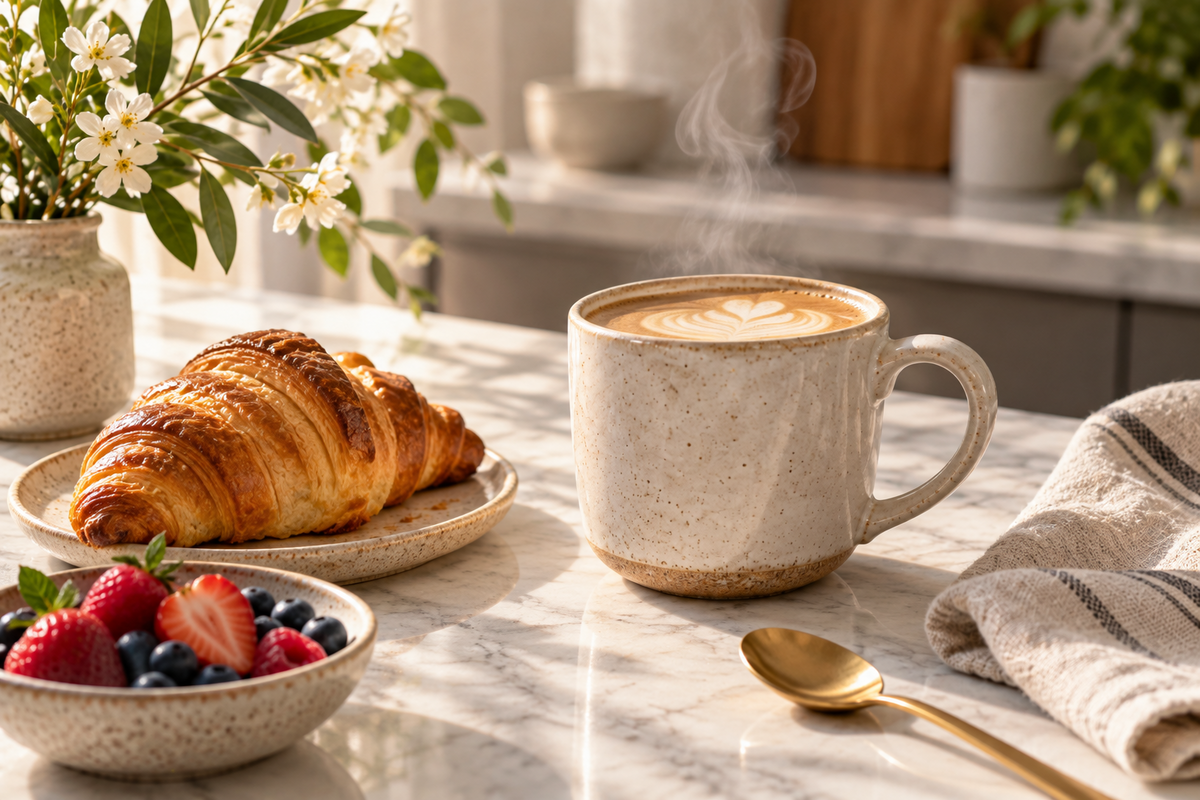 Warm morning coffee on a sunlit kitchen counter