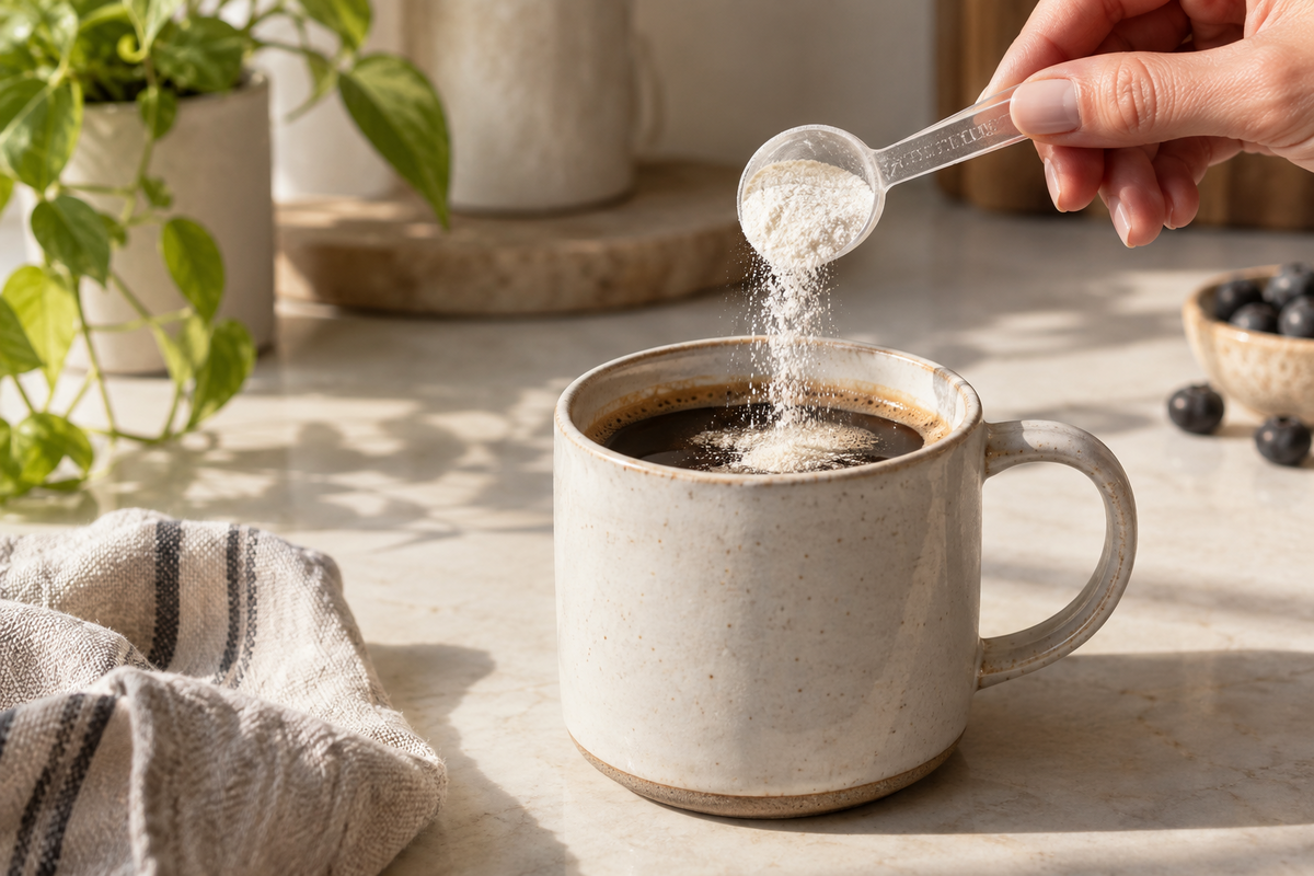 Clear scoop adding collagen powder to a cup of coffee