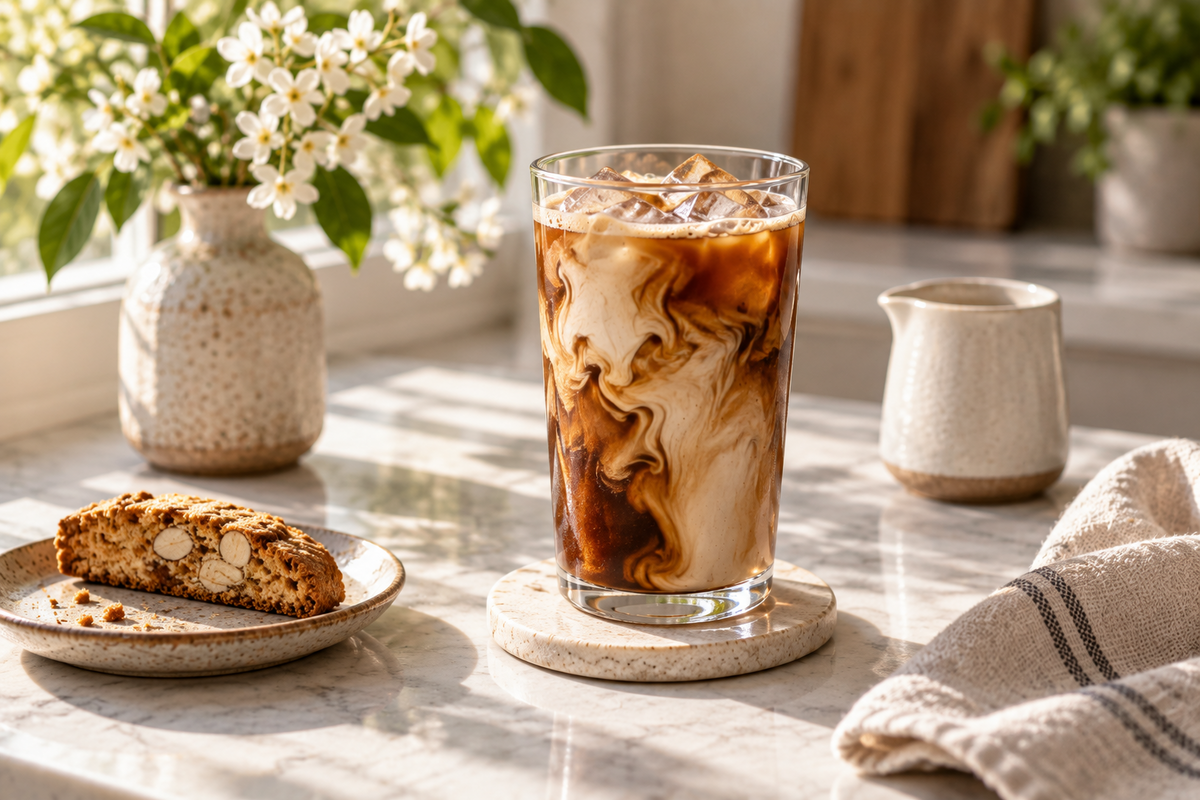 Iced coffee with cream on a sunlit kitchen counter