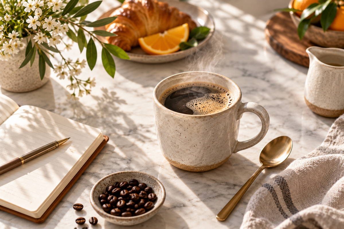 Hot coffee and spoon in a bright morning kitchen